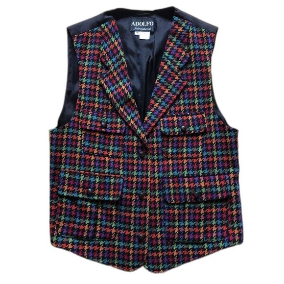 Vintage Houndstooth Waistcoat Vest Size Medium Rainbow Houndstooth 90s Academia - Picture 1 of 5